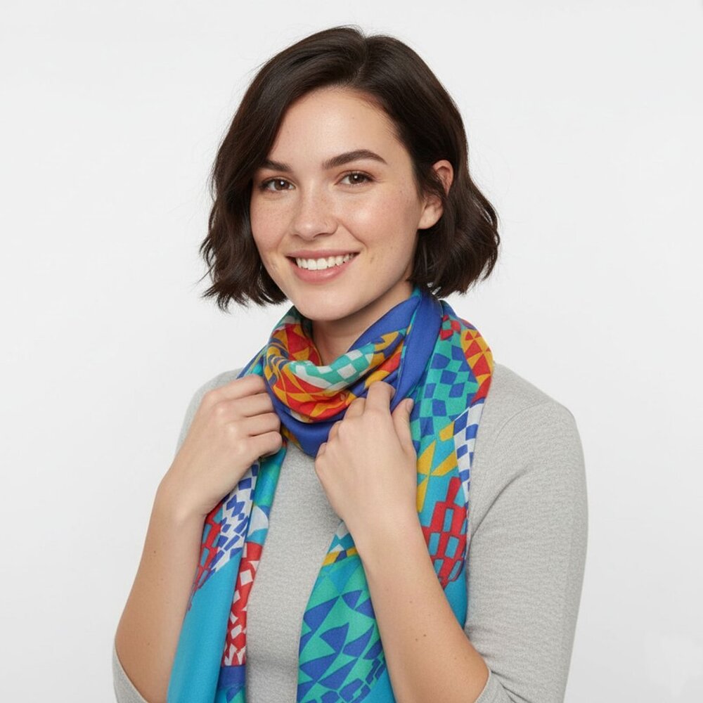 Vintage Geometric Print  Square Scarf Wrap Shawl Kaleidoscope Abstract Blue Red